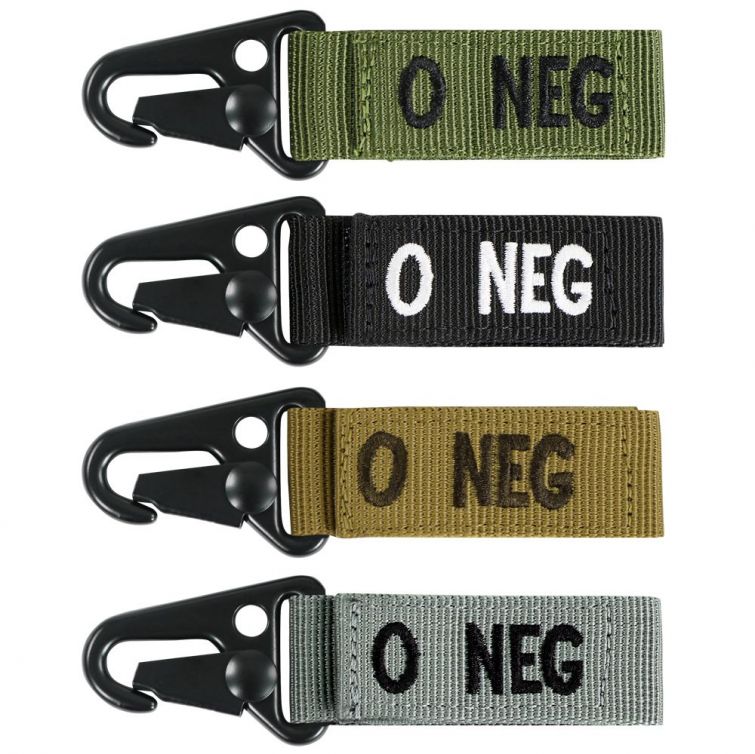 O- BLOOD TYPE SEWN ON HOOK & LOOP WEBBING STRAP WITH QUICK RELEASE SNAPHOOK.